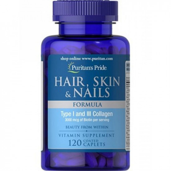 Puritans Pride Hair Skin and Nails Formula Type 1 and 3 Collagen - 60 caps 100-47-0670302-20