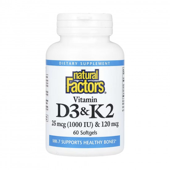 Natural Factors Vitamin D3 & K2 25 mcg (1000 IU) & 120 mcg - 60 softgels 2023-10-6543
