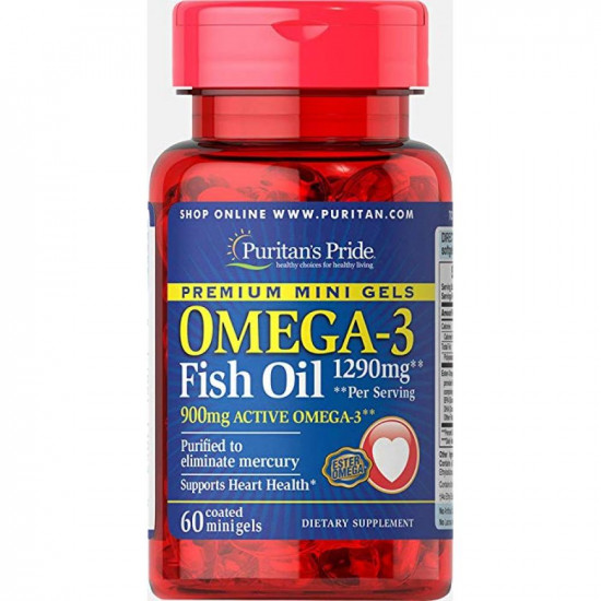 Puritans Pride Omega-3 Fish Oil 1290 mg Mini Gels (900 mg Active Omega-3) - 60 softgels 100-43-3734535-20