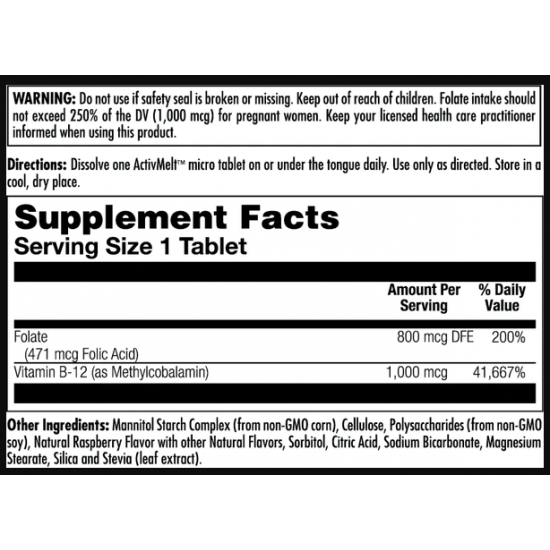KAL Folic Acid Methyl B-12 800mcg - 60 tabs Raspberry 2022-10-1005