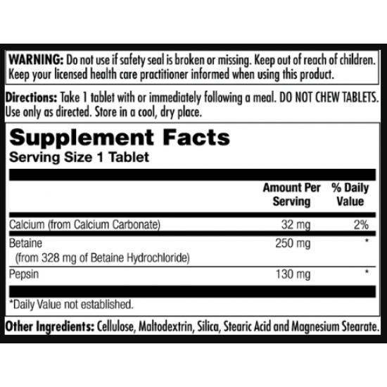 KAL Betaine HCl Plus 250mg - 100 tabs 2022-10-1006