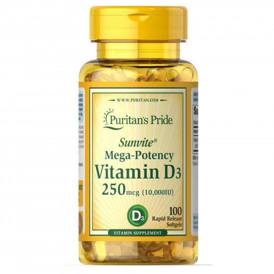 Puritans Pride Vitamin D3 250mcg(10000 IU) Mega-Potency - 100 softgels 100-46-3018922-20 Puritans Pride Vitamin D3 250mcg(10000 IU) Mega-Potency - 100 softgels 100-46-3018922-20