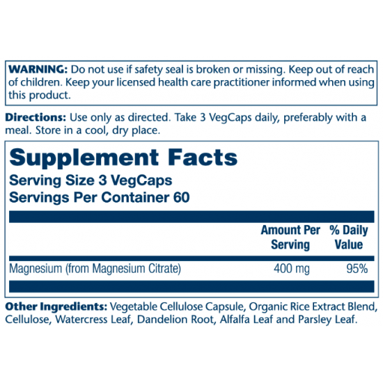Solaray Magnesium Citrate 400mg - 180 vcaps (Пошкоджена банка) 2024-11-0147