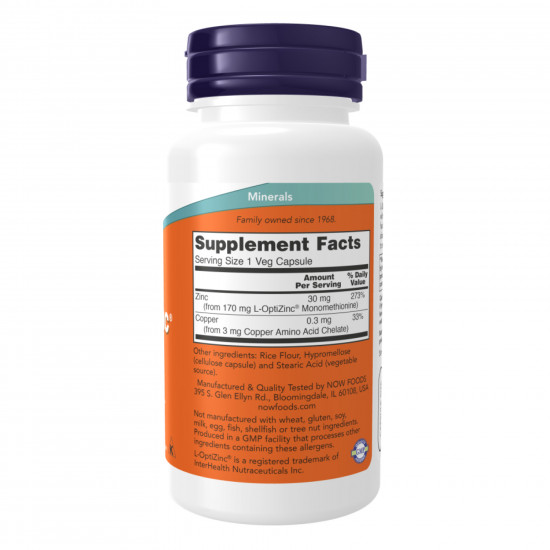 Now Foods L-Optizinc(R) 30mg+Copper - 100 vcaps (Повреждена банка) 2024-11-0385