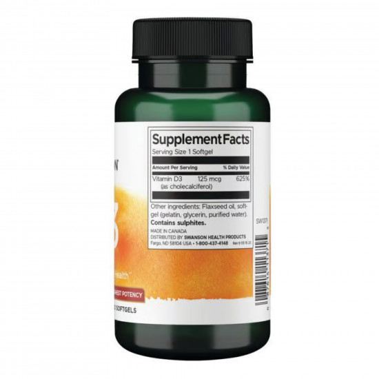Swanson Vitamin D3 Highest Potency 5,000 IU (125 mcg) - 250 sgels (Пошкоджена етикетка) 2023-10-8011