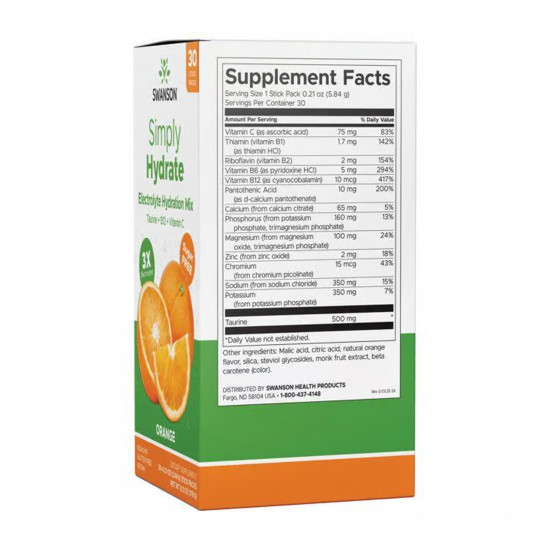 Swanson Simply Hydrate Electrolyte Hydration Mix - 30 packs Orange (До 08.26) 2024-11-0266