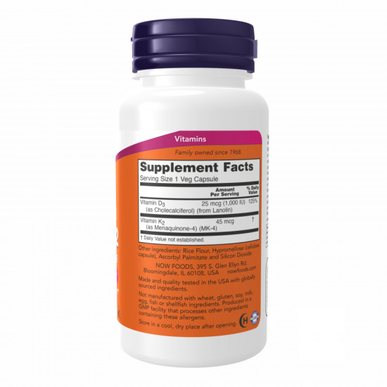 Now Foods Vitamin D3+K2 1000 IU - 120 vcaps 100-52-9428809-20 Now Foods Vitamin D3+K2 1000 IU - 120 vcaps 100-52-9428809-20