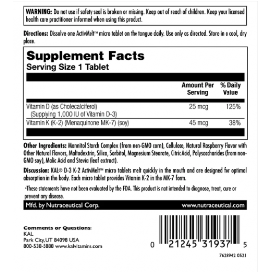 KAL D3 & K2 25mcg - 60 tabs Raspberry 2022-10-0997 KAL D3 & K2 25mcg - 60 tabs Raspberry 2022-10-0997
