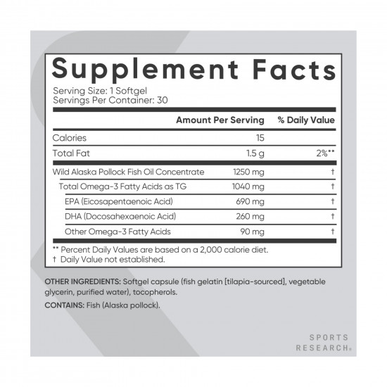Sport Research Omega-3 Fish Oil Alaska Pollock 1250mg - 30 softgels 2023-10-3443 Sport Research Omega-3 Fish Oil Alaska Pollock 1250mg - 30 softgels 2023-10-3443