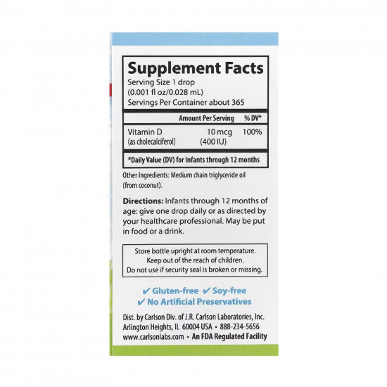 Carlson Laboratories Super Daily D3 for Baby 400IU - 365 Veg drops 10.3 ml 2023-10-4554 Carlson Laboratories Super Daily D3 for Baby 400IU - 365 Veg drops 10.3 ml 2023-10-4554