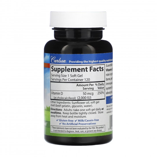Carlson Laboratories Vitamin D 2000 IU - 120 softgels 2023-10-4558 Carlson Laboratories Vitamin D 2000 IU - 120 softgels 2023-10-4558