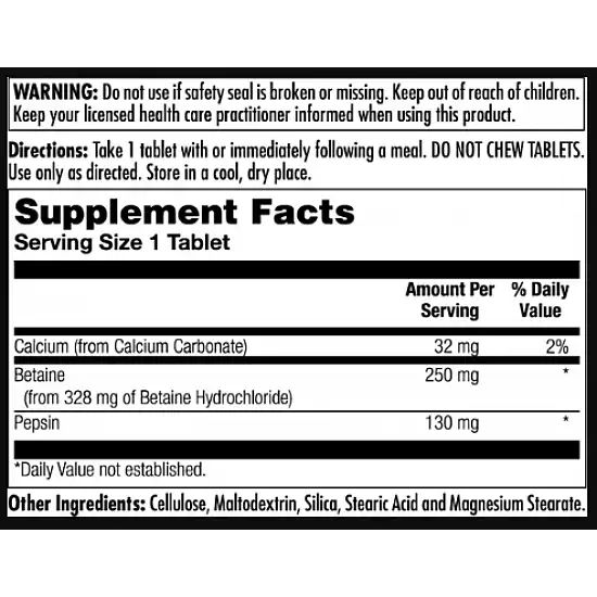 KAL Betaine HCl Plus 250mg - 100 tabs 2022-10-1006
