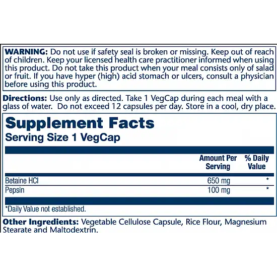 Solaray High Potency Betain HCl with Pepsin 650mg - 100 vcaps 2022-10-1029