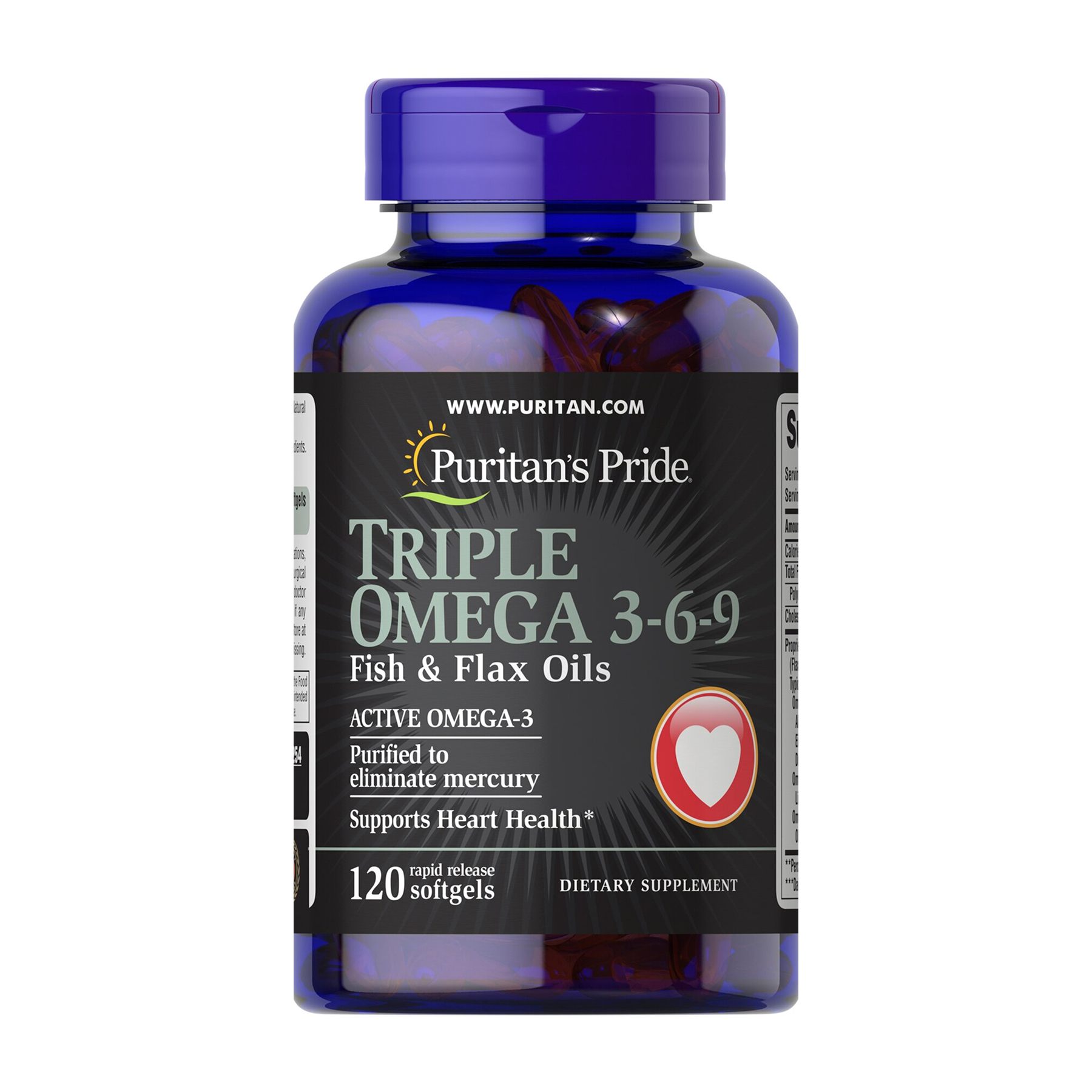 Puritans Pride Triple Omega 3-6-9 Fish & Flax Oils - 120 softgels 2023-10-7007