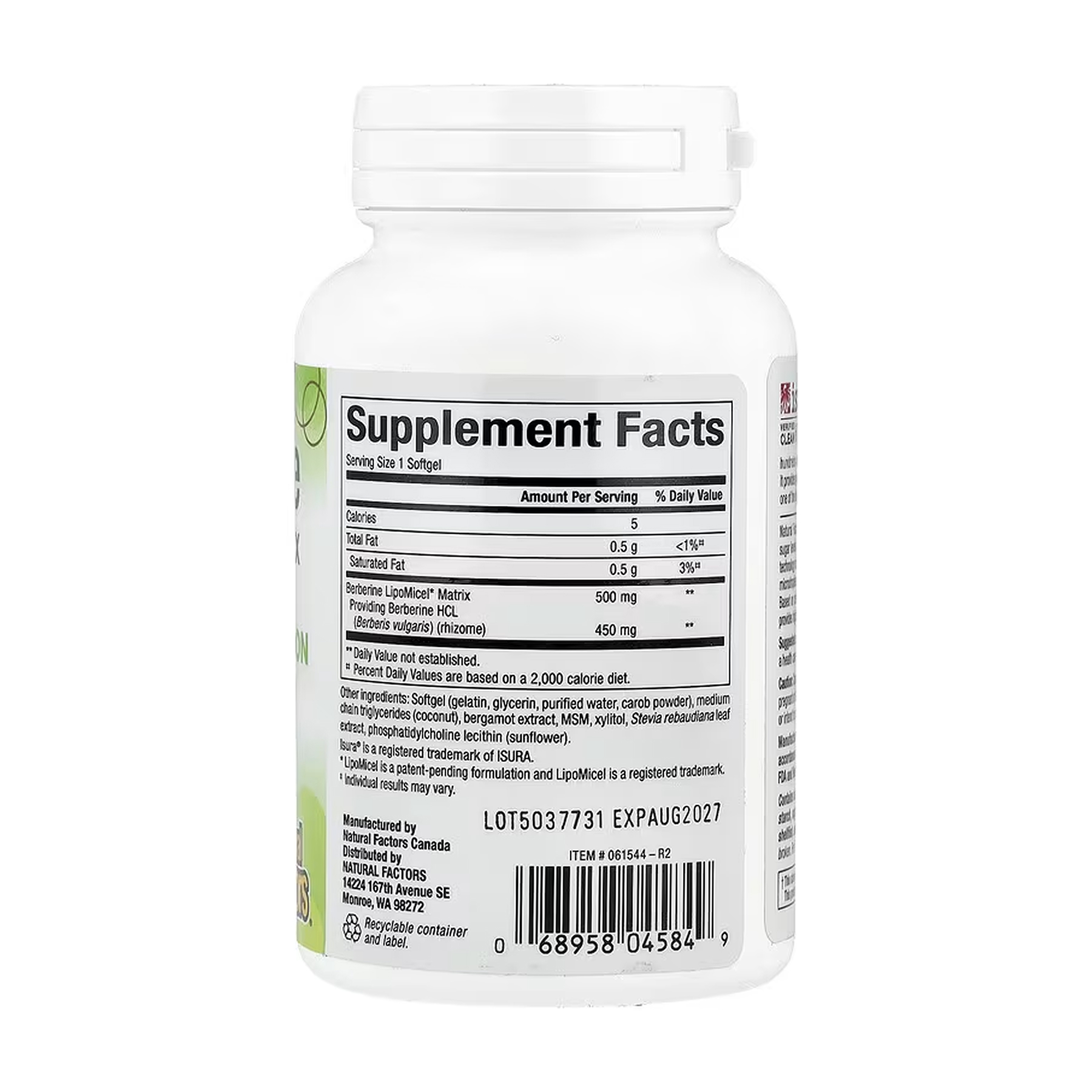 Natural Factors Berberine LipoMicel Matrix - 60 softgels 2023-10-6541