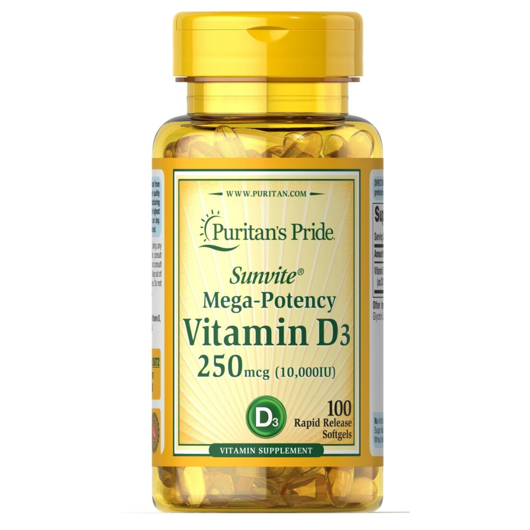 Puritans Pride Vitamin D3 250mcg(10000 IU) Mega-Potency - 100 softgels 100-46-3018922-20