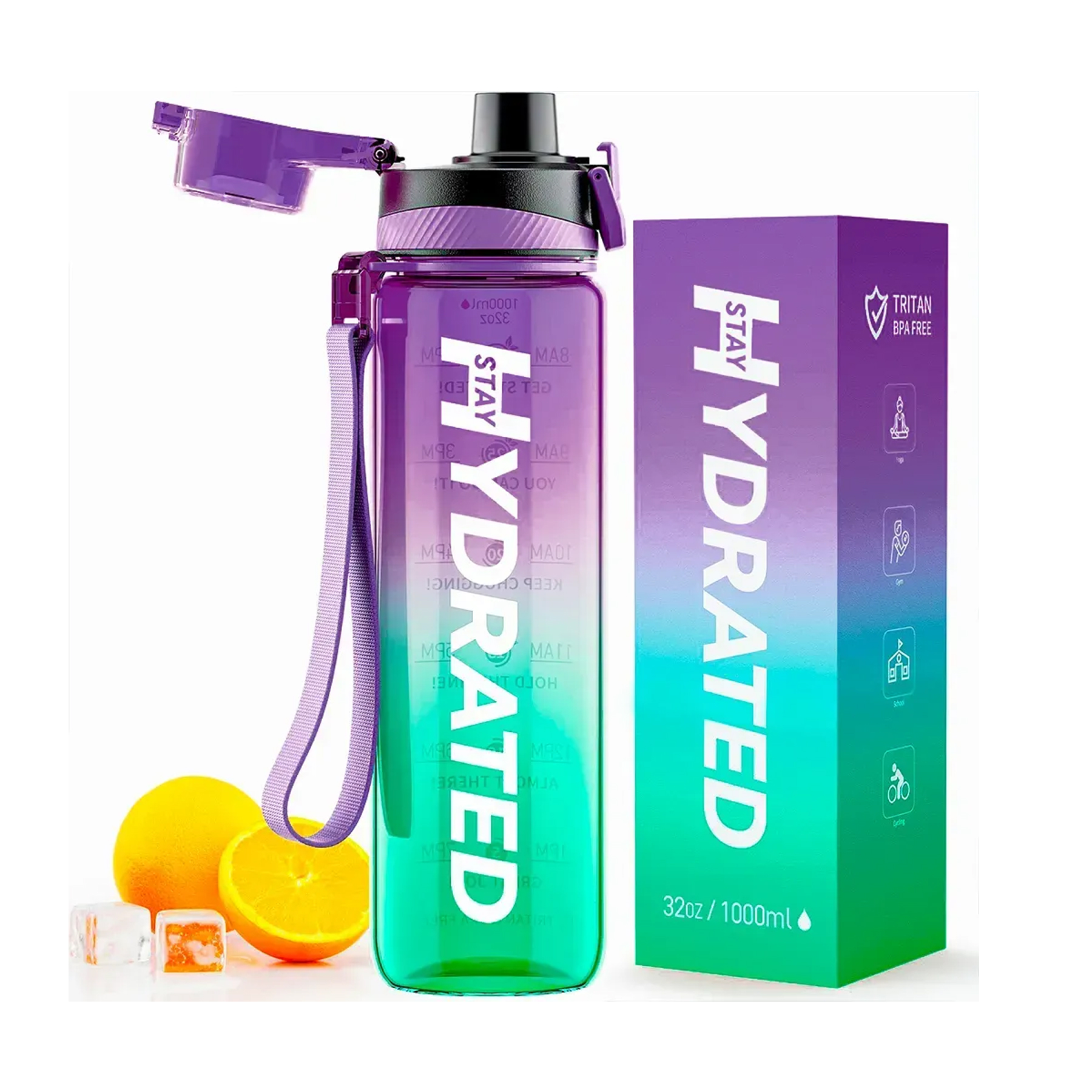 Brave Hydrated Water Bottle - 1000ml Tritan Green Purple (Пошкоджена упаковка) 2024-11-0425