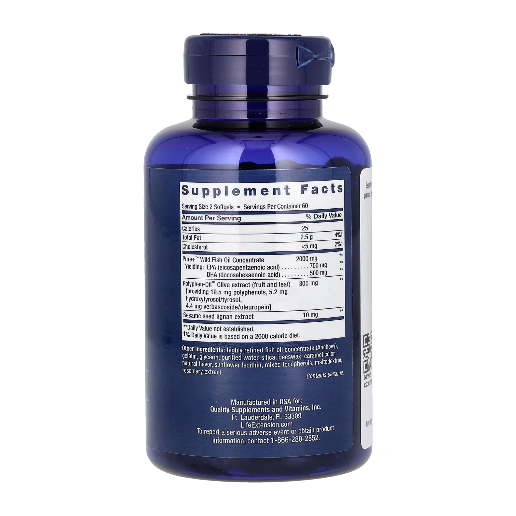 Life Extension Super Omega-3 EPA/DHA Fish Oil Sesame Lignans & Olive Extract - 120 softgels 2022-10-1936