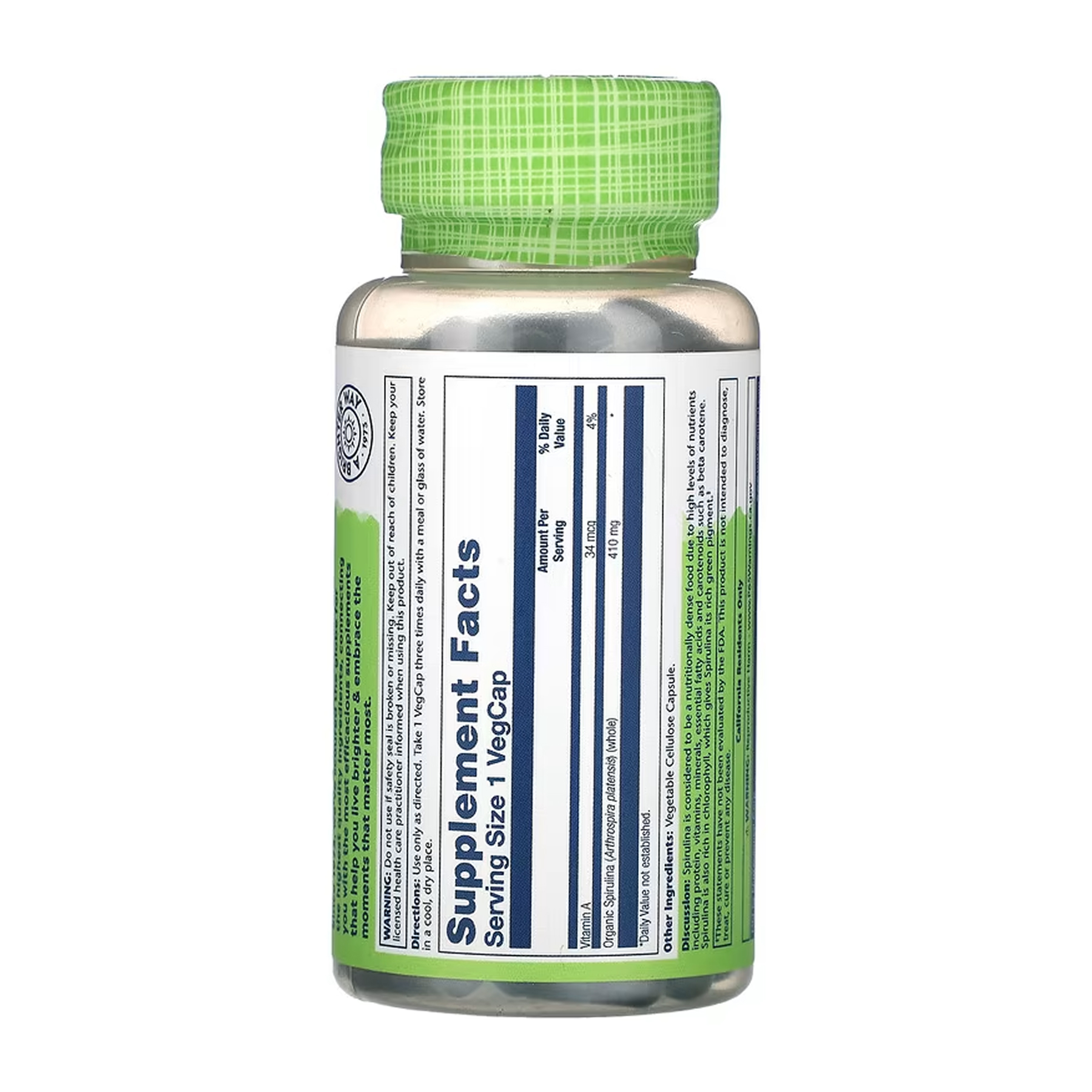 Solaray Spirulina Algae 410mg - 100 vcaps 2023-10-5843