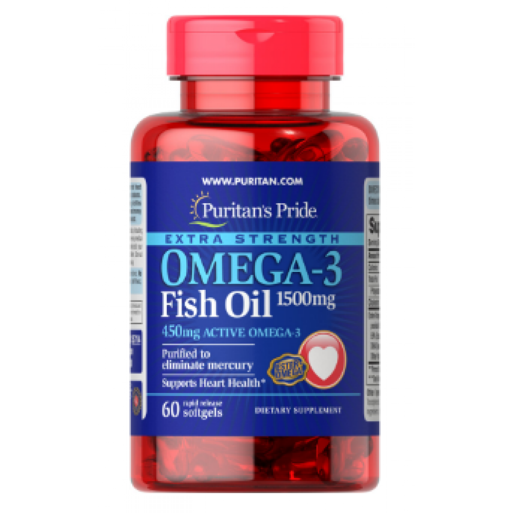 Puritans Pride Omega-3 Fish Oil Extra Strength 1500 mg (450 mg Active Omega-3) 60 Softgels 100-77-5623152-20