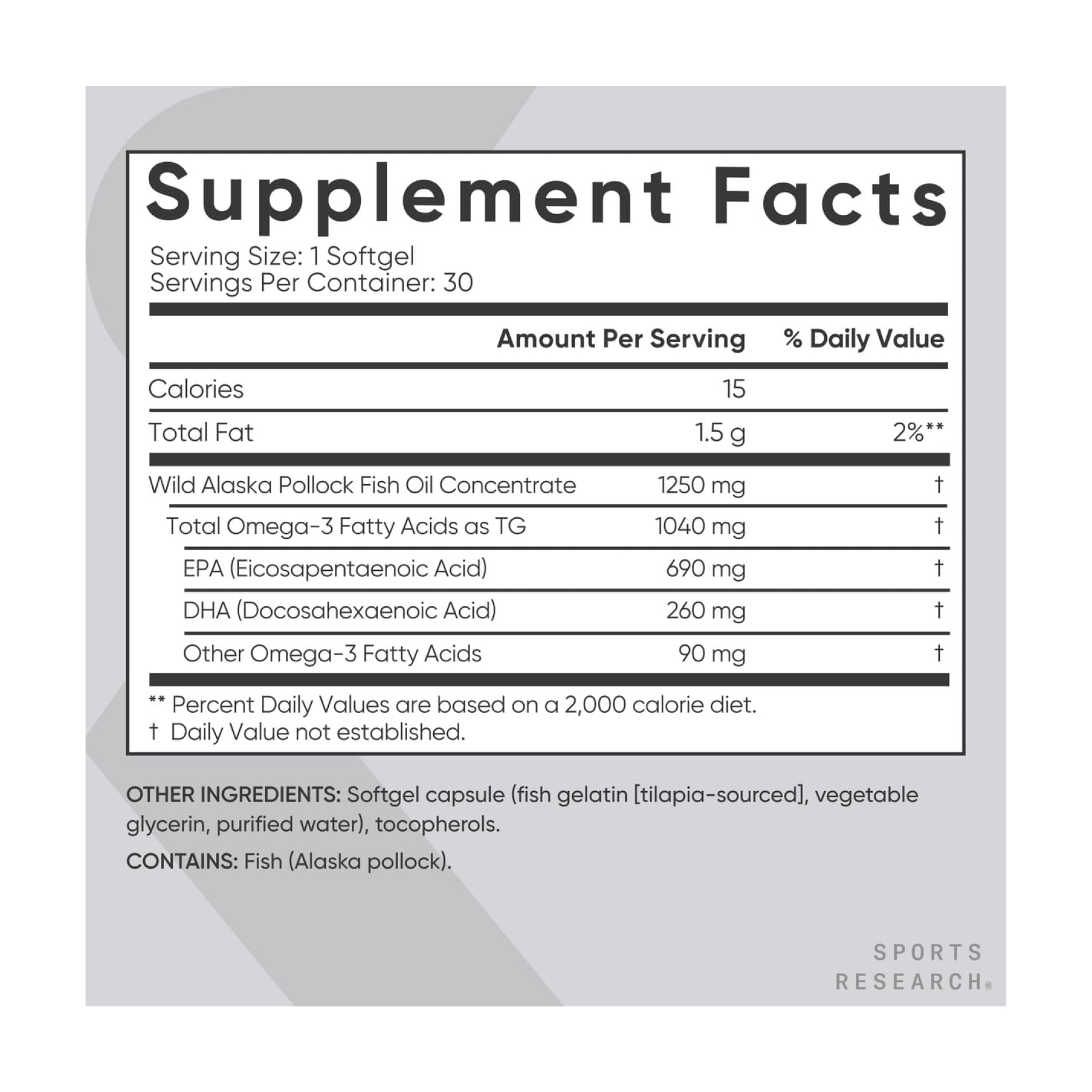 Sport Research Omega-3 Fish Oil Alaska Pollock 1250mg - 30 softgels 2023-10-3443