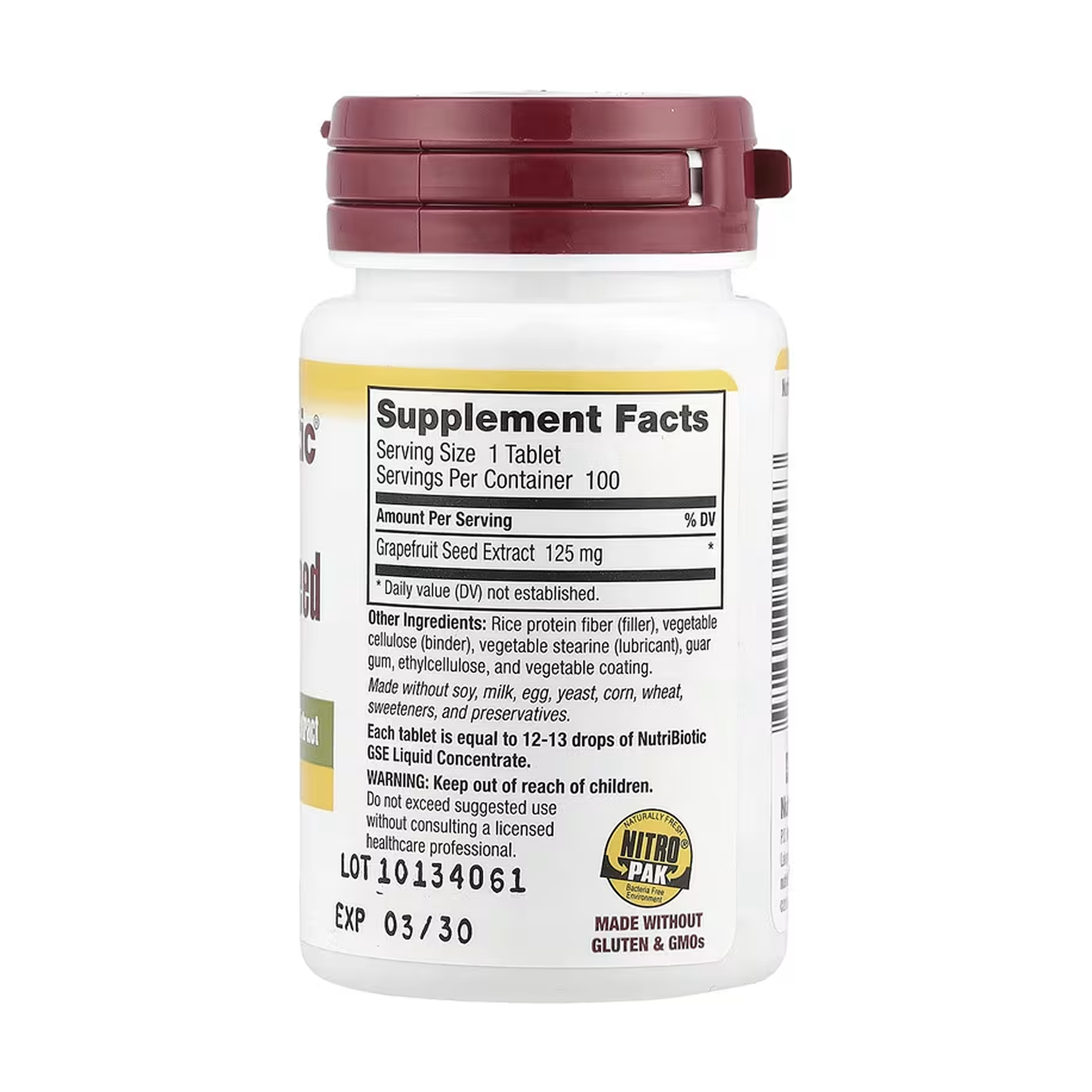 Nutribiotic Grapefruit Seed Extract 125mg - 100 tabs 2023-10-5478