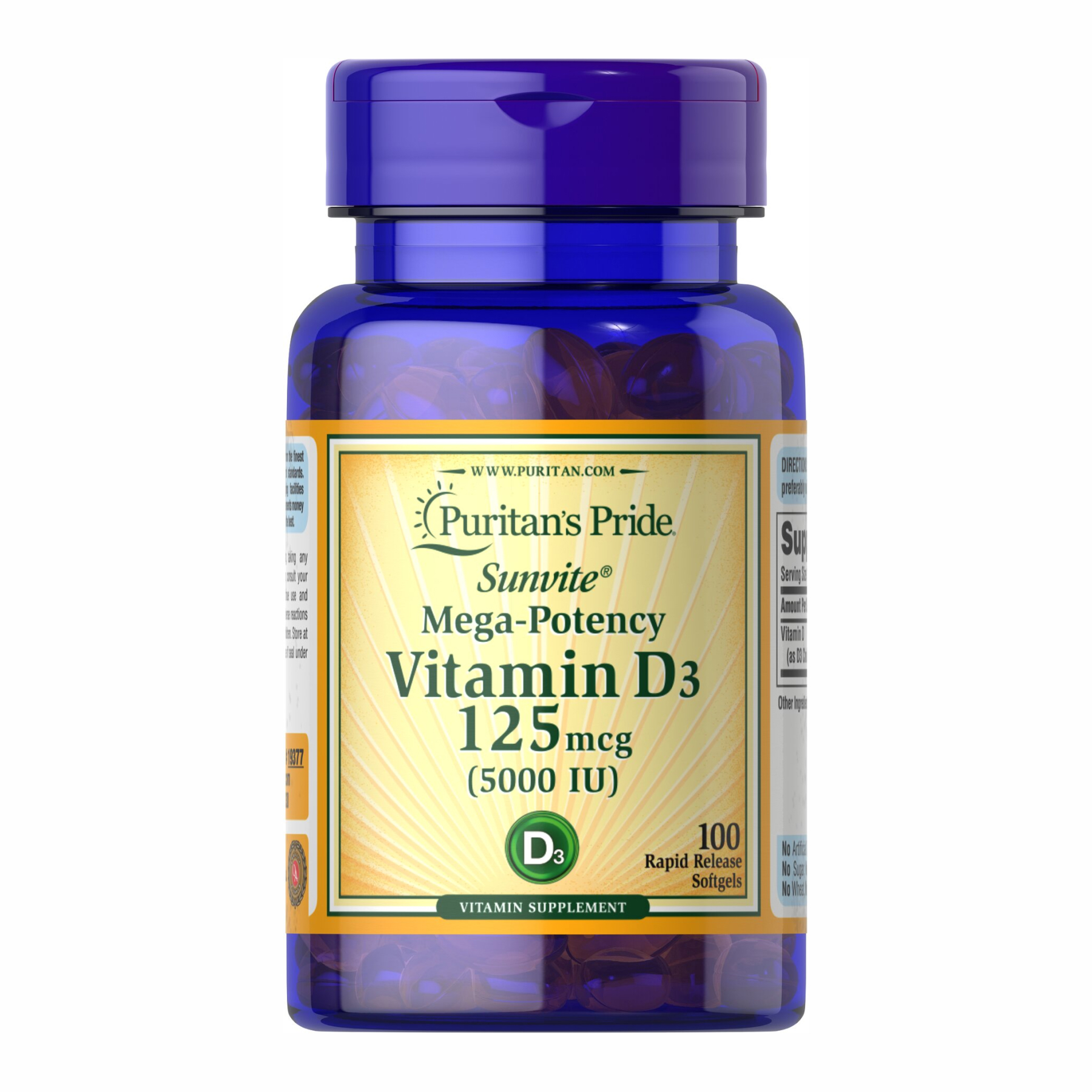 Puritans Pride Vitamin D-3 125mcg (5000 IU) Sunvite Mega Potency - 100 tabs 100-99-0283453-20